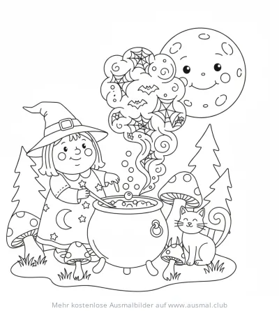 Hexe rührt im Kessel Ausmalbild