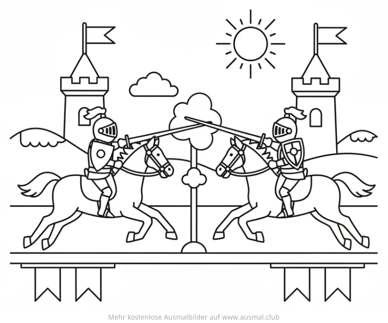 Ritterturnier Ausmalbild mit zwei Rittern auf Pferden