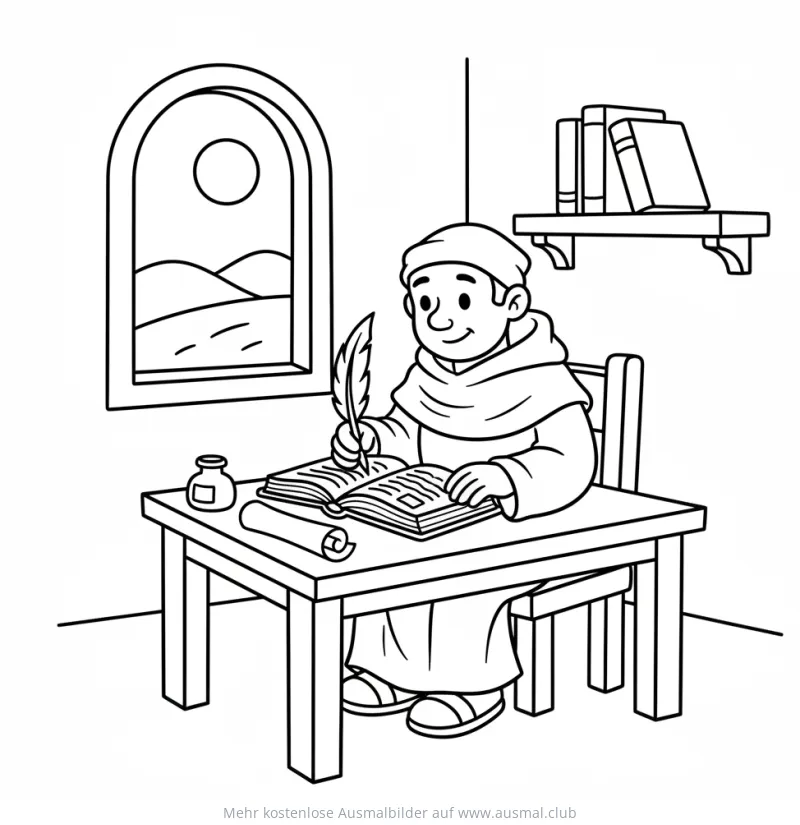Mönch schreibt in Buch Ausmalbild