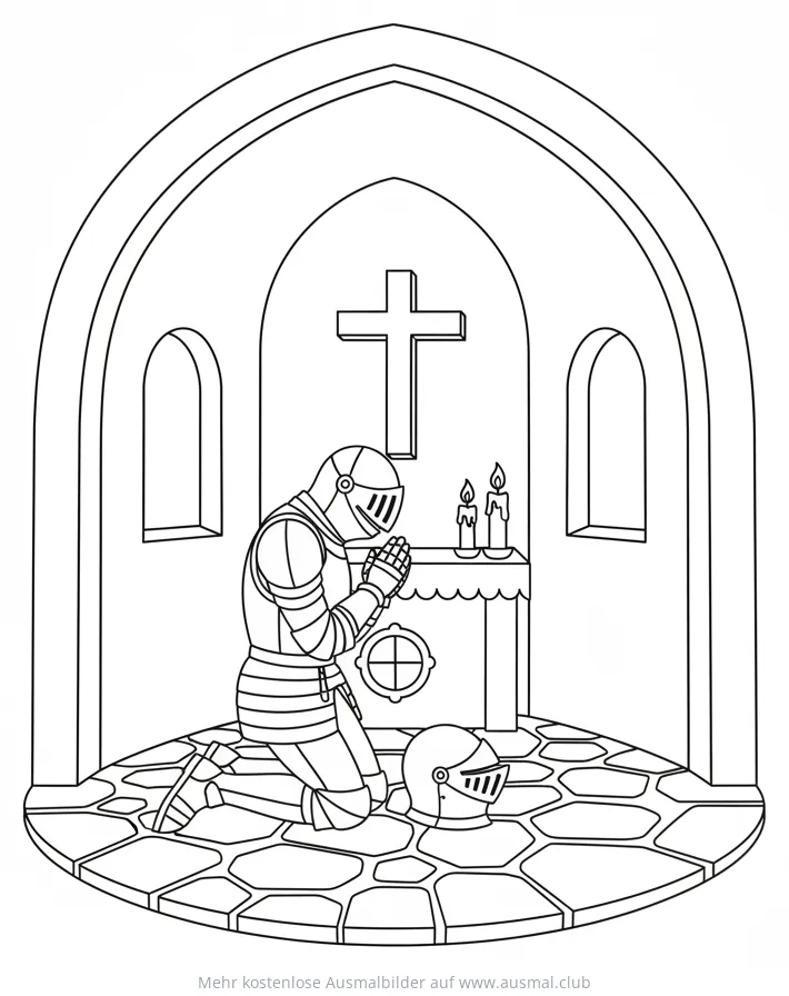 Ritter in Rüstung betet in Kapelle Ausmalbild