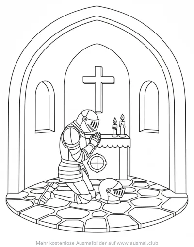 Ritter in Rüstung betet in Kapelle Ausmalbild