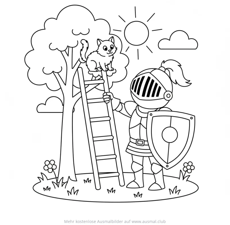 Ritter rettet Katze vom Baum Ausmalbild