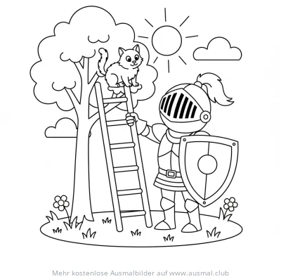 Ritter rettet Katze vom Baum Ausmalbild