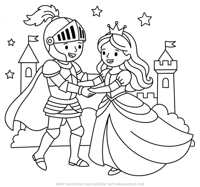 Tanzendes Ritter und Prinzessin Ausmalbild vor Schloss