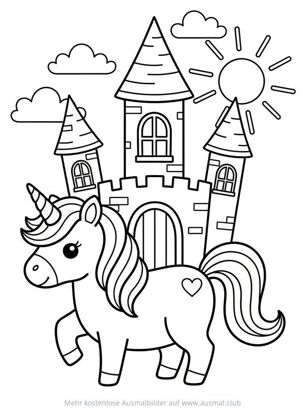 Einhorn vor Schloss Ausmalbild