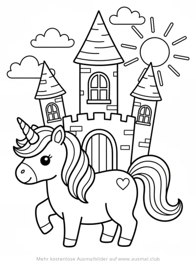 Einhorn vor Schloss Ausmalbild
