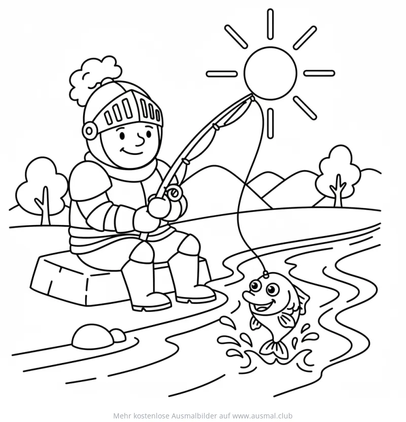 Ritter angelt einen Fisch am Fluss Ausmalbild