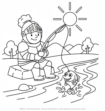 Ritter angelt einen Fisch am Fluss Ausmalbild