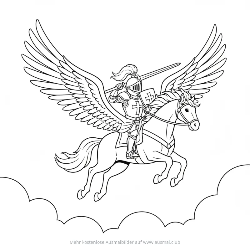 Ritter auf Pegasus Ausmalbild in den Wolken