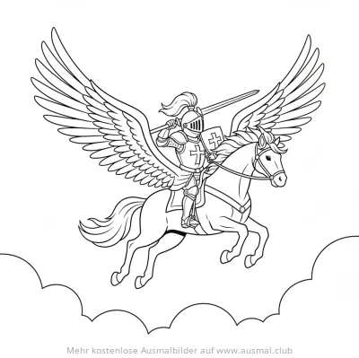 Ritter auf Pegasus Ausmalbild in den Wolken