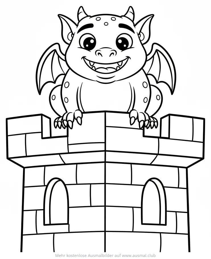 Freundlicher Wasserspeier auf Zinnenturm Ausmalbild