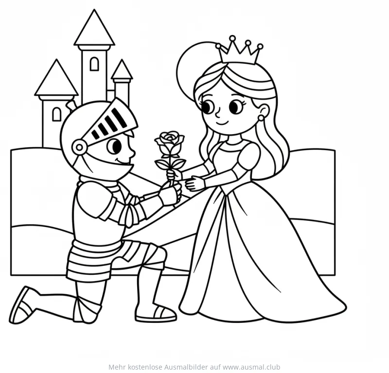 Ritter mit Rose vor Prinzessin und Schloss Ausmalbild