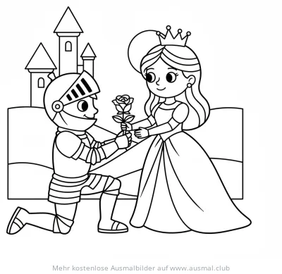 Ritter mit Rose vor Prinzessin und Schloss Ausmalbild