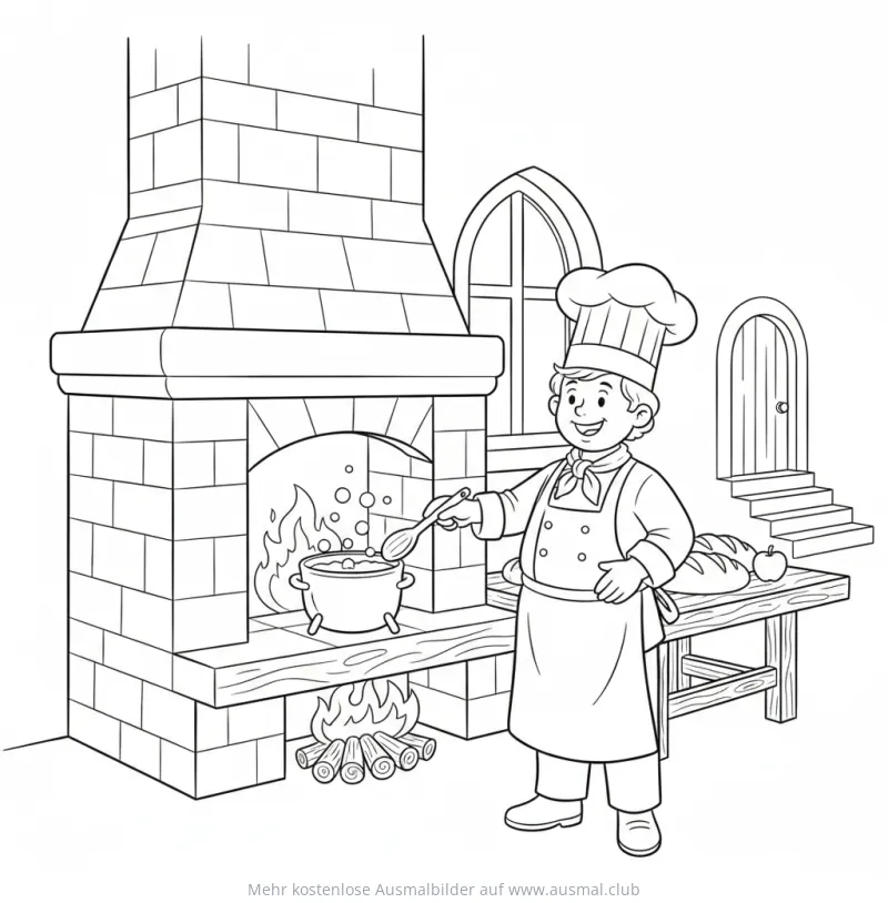 Ritter Koch rührt Suppe am Kamin Ausmalbild