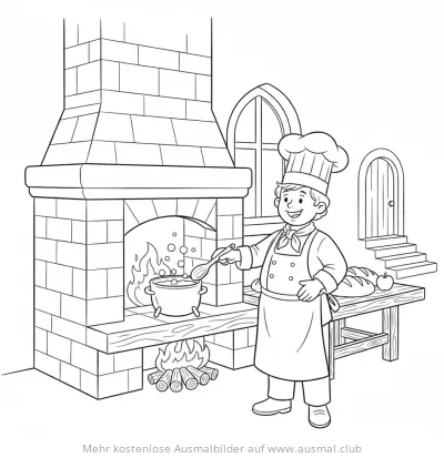 Ritter Koch rührt Suppe am Kamin Ausmalbild