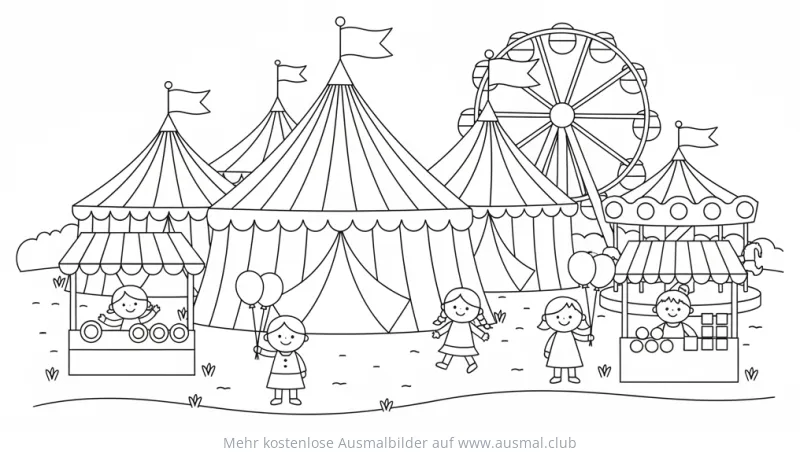 Jahrmarkt Ausmalbild mit Zelten, Riesenrad und Kindern