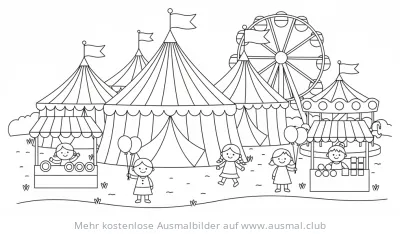 Jahrmarkt Ausmalbild mit Zelten, Riesenrad und Kindern