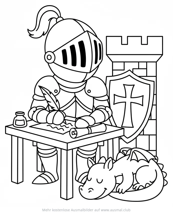 Ritter schreibt Brief, schlafender Drache, Burgmauer Ausmalbild