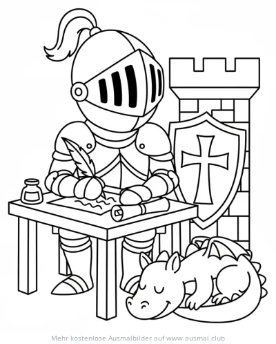 Ritter schreibt Brief, schlafender Drache, Burgmauer Ausmalbild