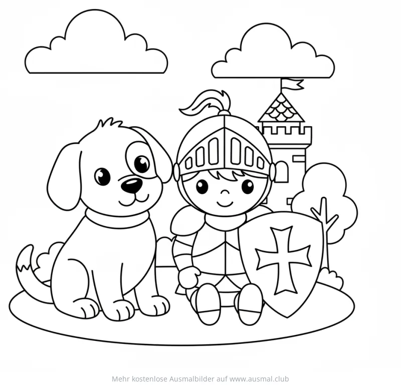 Ritter mit Hund vor Burg Ausmalbild