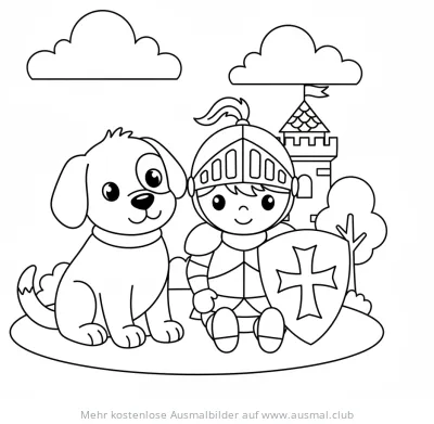Ritter mit Hund vor Burg Ausmalbild