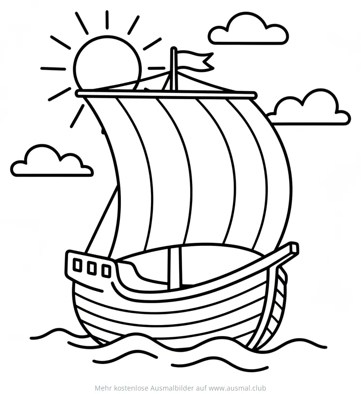 Segelschiff auf dem Meer Ausmalbild mit Sonne und Wolken
