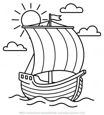 Segelschiff auf dem Meer Ausmalbild mit Sonne und Wolken