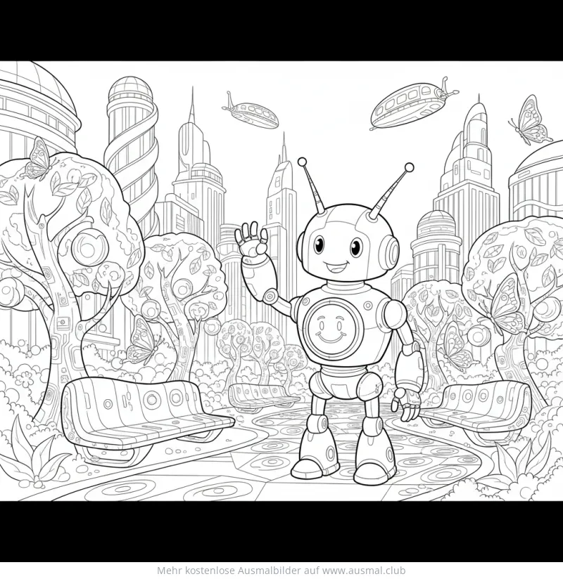 Freundlicher Roboter winkt im futuristischen Park Ausmalbild