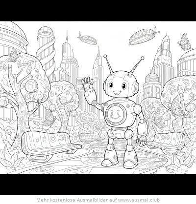 Freundlicher Roboter winkt im futuristischen Park Ausmalbild