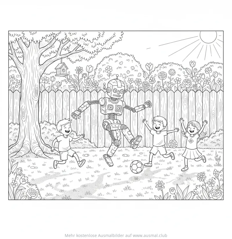 Roboter spielt Fußball mit Kindern Ausmalbild