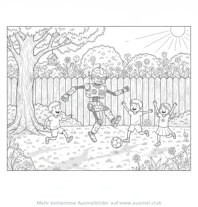 Roboter spielt Fußball mit Kindern Ausmalbild