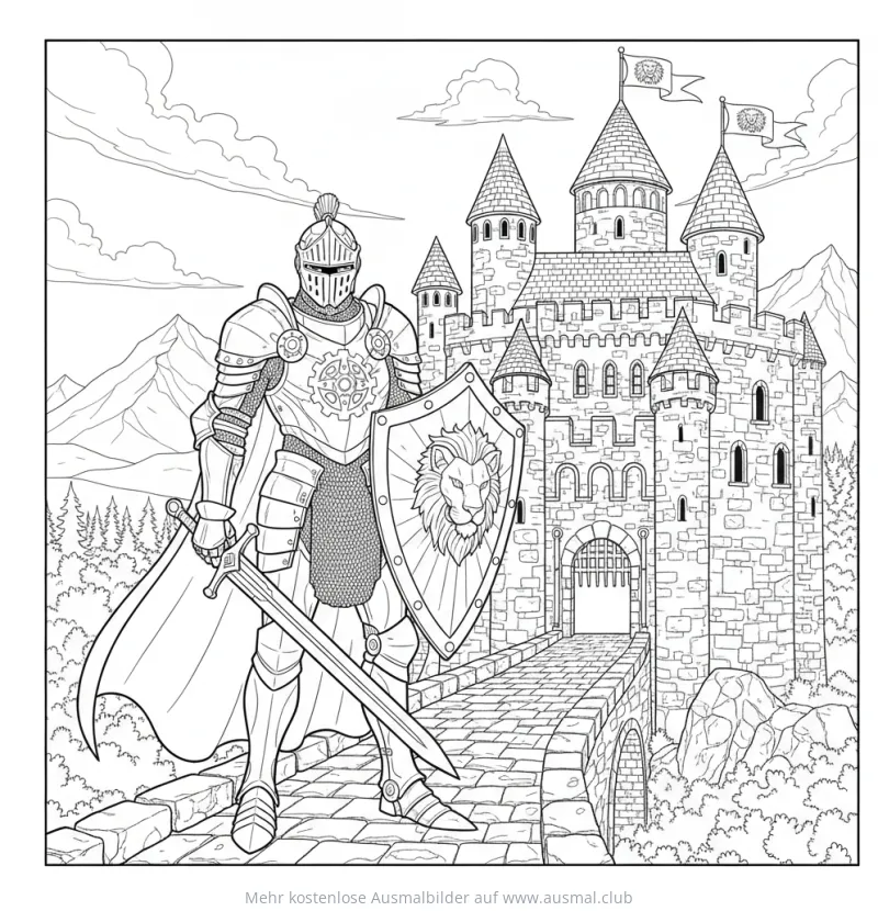 Ritter Roboter vor Burg Ausmalbild