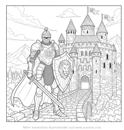 Ritter Roboter vor Burg Ausmalbild
