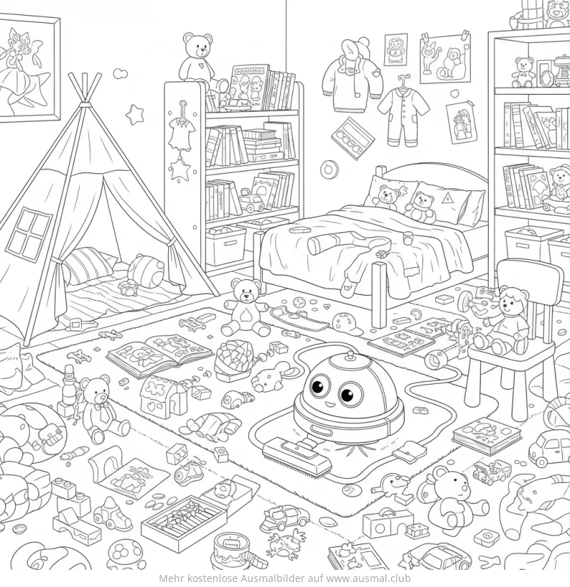 Saugroboter im unordentlichen Kinderzimmer Ausmalbild
