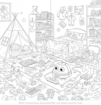 Saugroboter im unordentlichen Kinderzimmer Ausmalbild