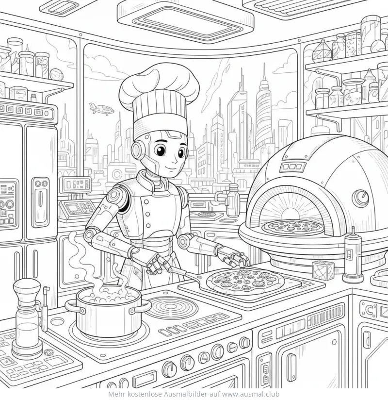 Roboter Koch bereitet Pizza in futuristischer Küche Ausmalbild