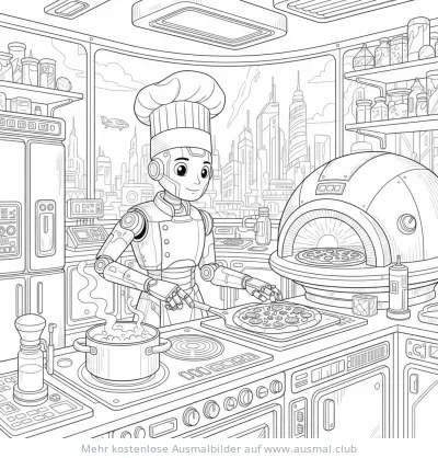 Roboter Koch bereitet Pizza in futuristischer Küche Ausmalbild