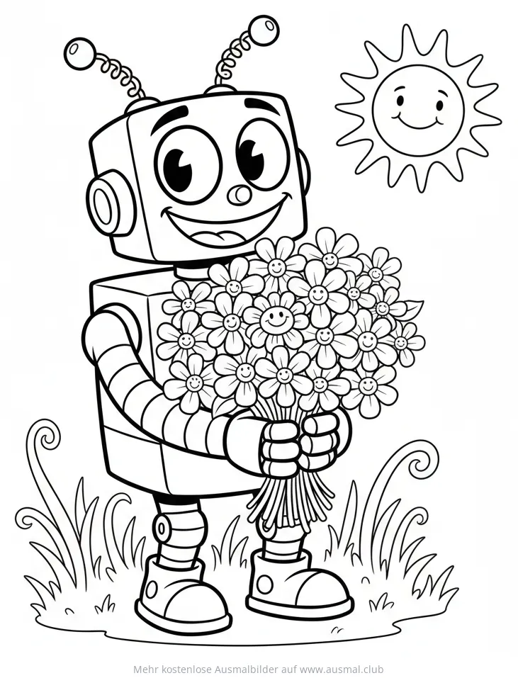 Freundlicher Roboter mit Blumenstrauß Ausmalbild auf einer Wiese