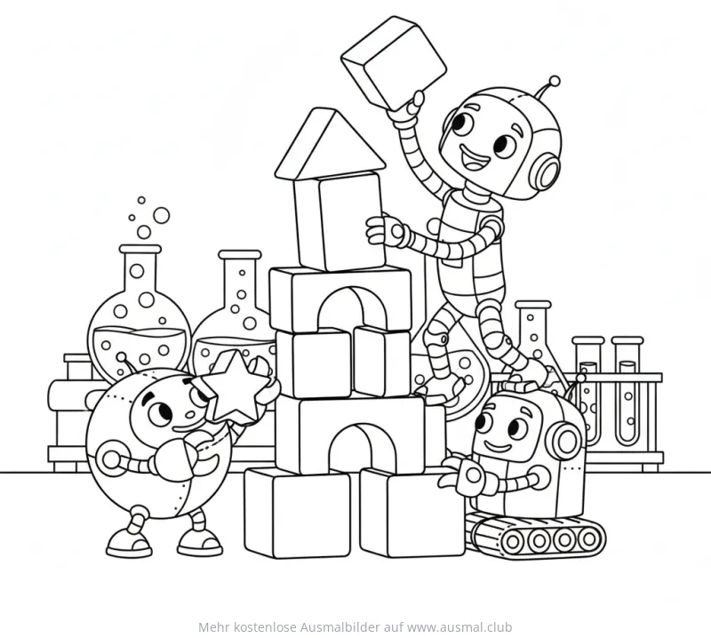 Roboter bauen Turm mit Bauklötzen Ausmalbild