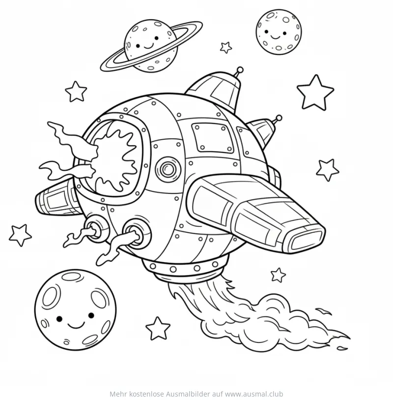 Raumschiff Ausmalbild mit Planeten und Sternen