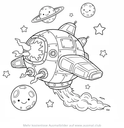 Raumschiff Ausmalbild mit Planeten und Sternen