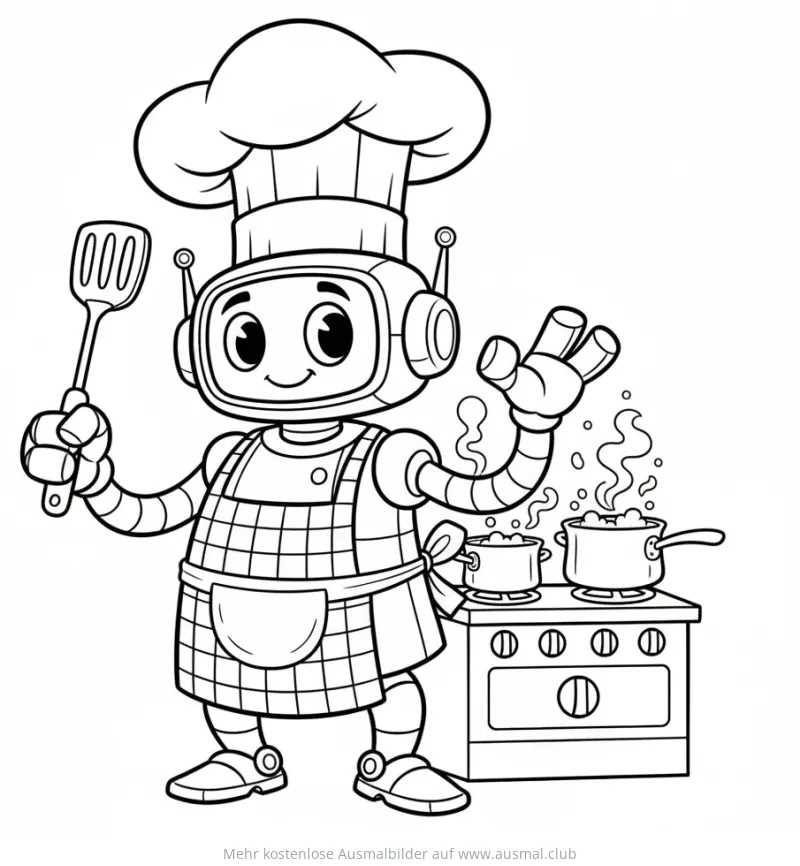 Freundlicher Roboter Koch mit Kochmütze und Pfannenwender Ausmalbild