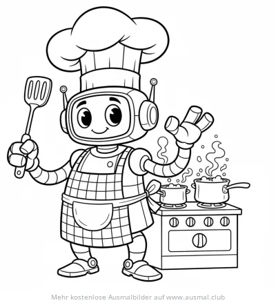 Freundlicher Roboter Koch mit Kochmütze und Pfannenwender Ausmalbild