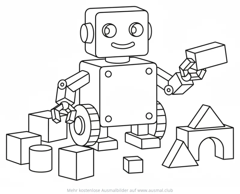 Roboter spielt mit Bauklötzen Ausmalbild