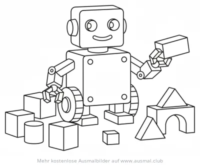 Roboter spielt mit Bauklötzen Ausmalbild