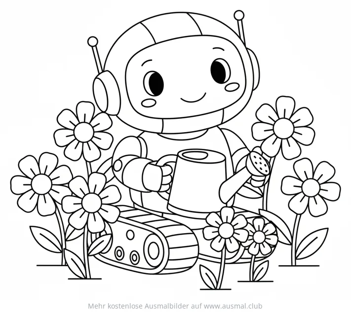 Freundlicher Roboter gießt Blumen im Garten Ausmalbild