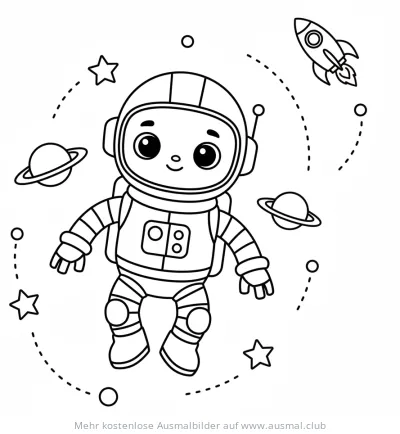 Astronaut mit Planeten und Rakete Ausmalbild
