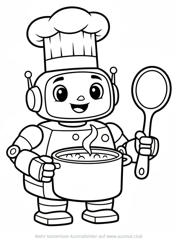 Roboter Koch mit Kochmütze, Topf und Kochlöffel Ausmalbild