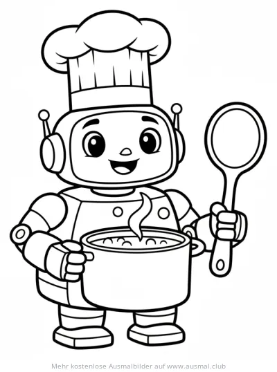 Roboter Koch mit Kochmütze, Topf und Kochlöffel Ausmalbild
