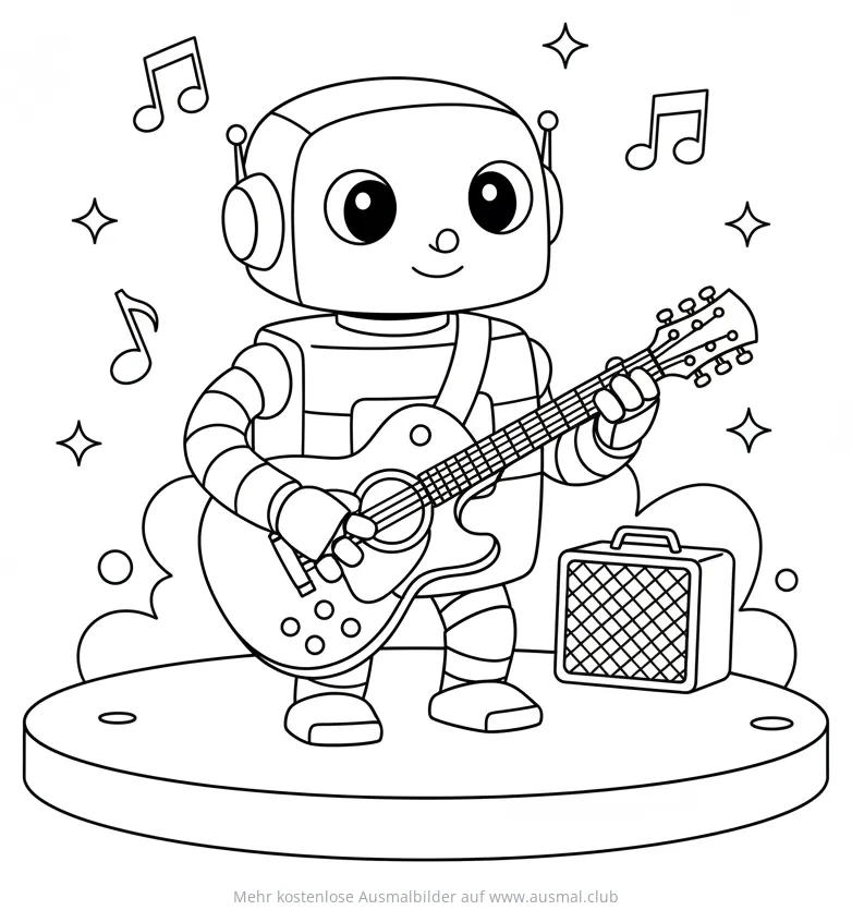 Roboter spielt Gitarre auf Bühne Ausmalbild